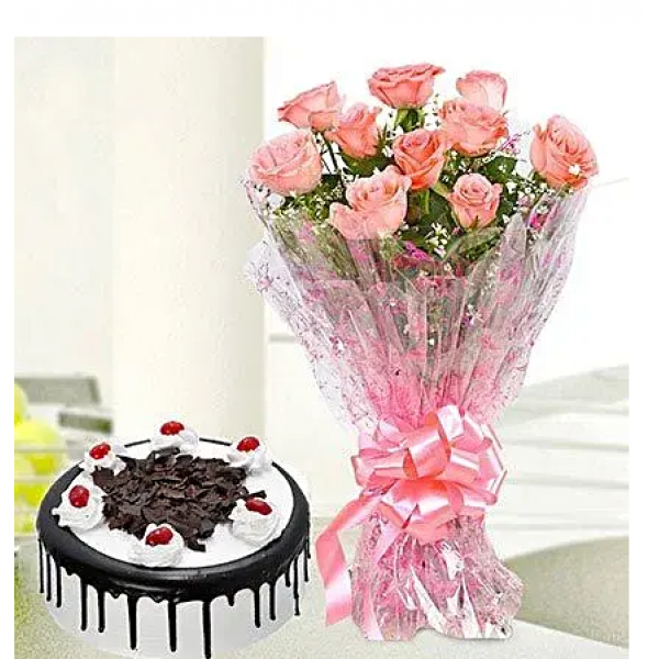 10 Pink Roses And Black Forest Cake. Valentine's Day