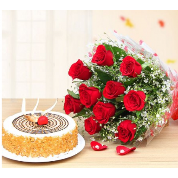 Fruit Cake With10red Rose Combo Pack